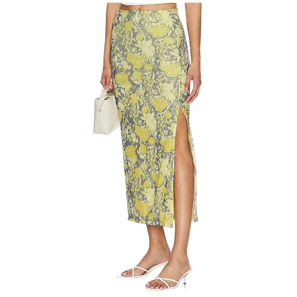 Free People Rosalie Mesh Midi Pull-on Skirt in Yellow with Side Slip Womens sz S